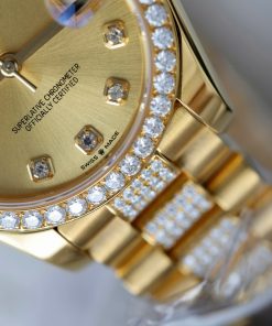 Đồng hồ Rolex DateJust nữ mặt vàng champagne chế tác bọc vàng thật đính kim cương moissanite 31mm (2)