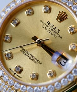 Đồng hồ Rolex DateJust nữ mặt vàng champagne chế tác bọc vàng thật đính kim cương moissanite 31mm (2)