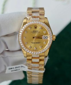 Đồng hồ Rolex DateJust nữ mặt vàng champagne chế tác bọc vàng thật đính kim cương moissanite 31mm (2)