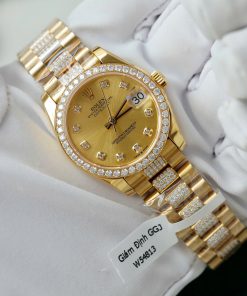 Đồng hồ Rolex DateJust nữ mặt vàng champagne chế tác bọc vàng thật đính kim cương moissanite 31mm (2)