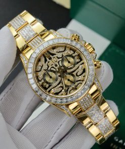 Đồng hồ Rolex Daytona Eye Of Tiger Replica 11 bọc vàng thật đính kim cương moissanite HongKong 40mm (2)